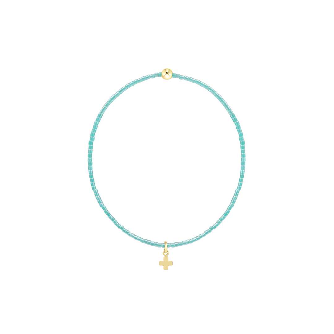 Sea Glass beaded Bracelet with Signature Cross Small Gold Charm
