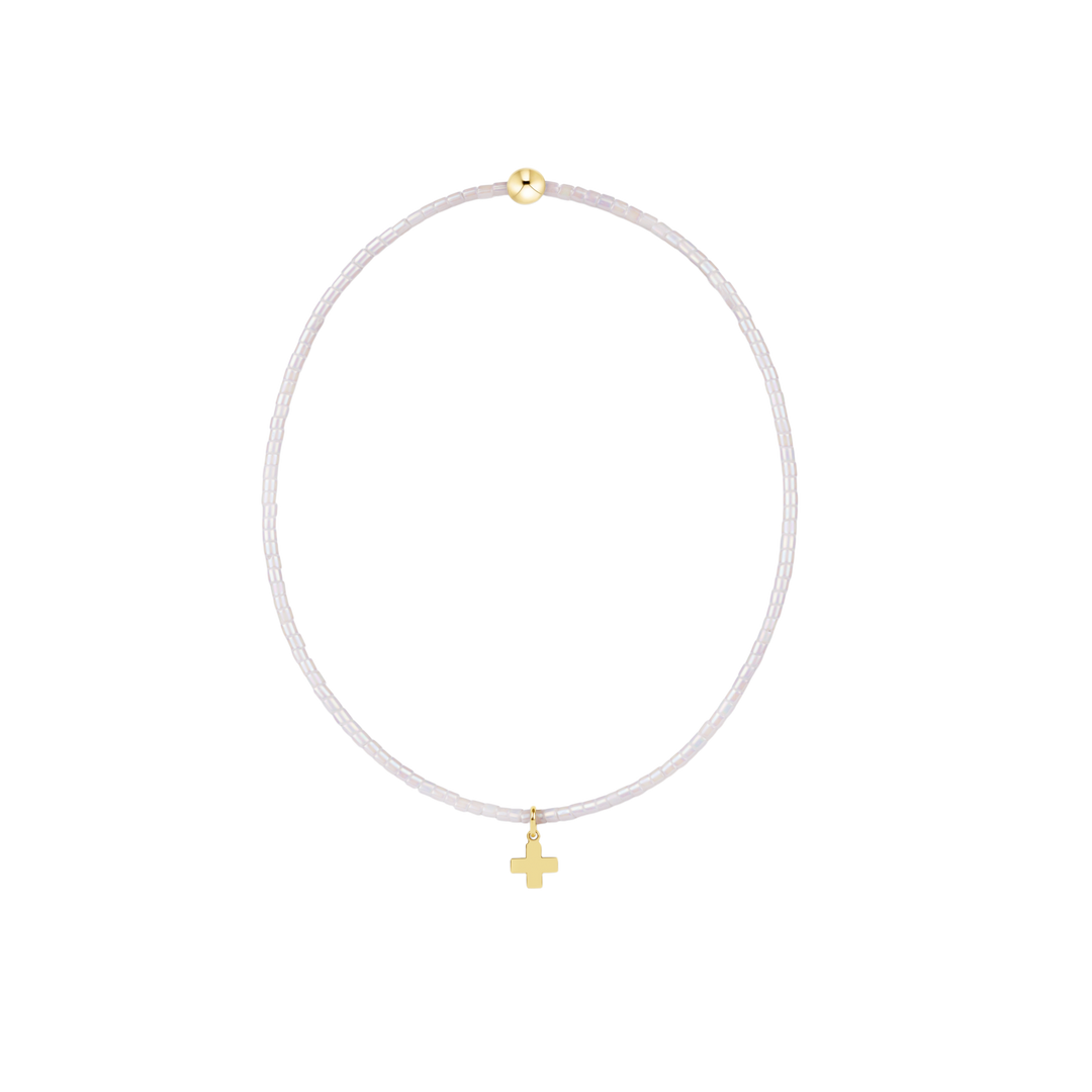 Silky White beaded Bracelet - Signature Cross Small Gold Charm