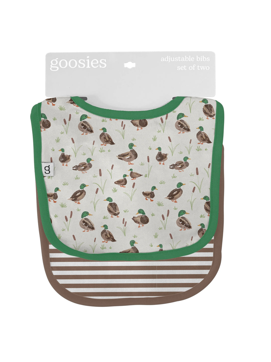 Baby bib with duck pattern and green border, packaging visible