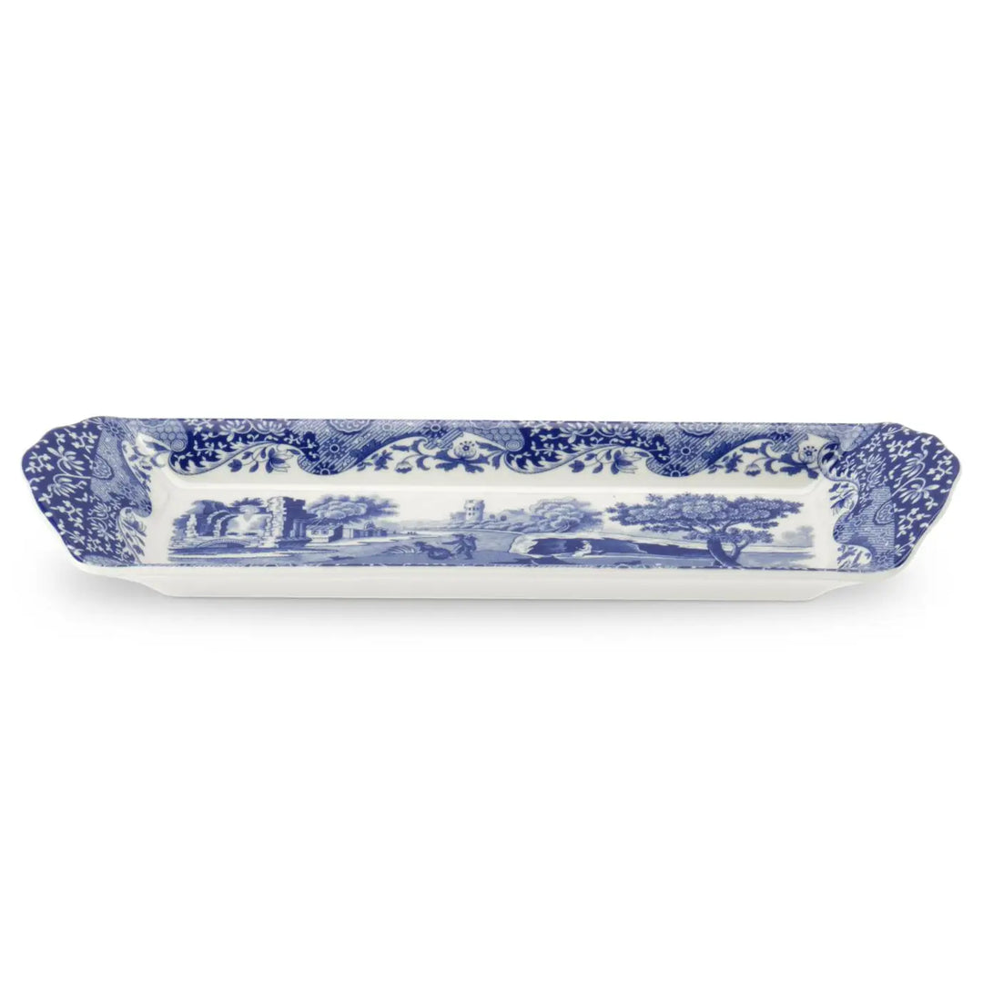 Rectangular blue and white patterned ceramic tray on a white background
