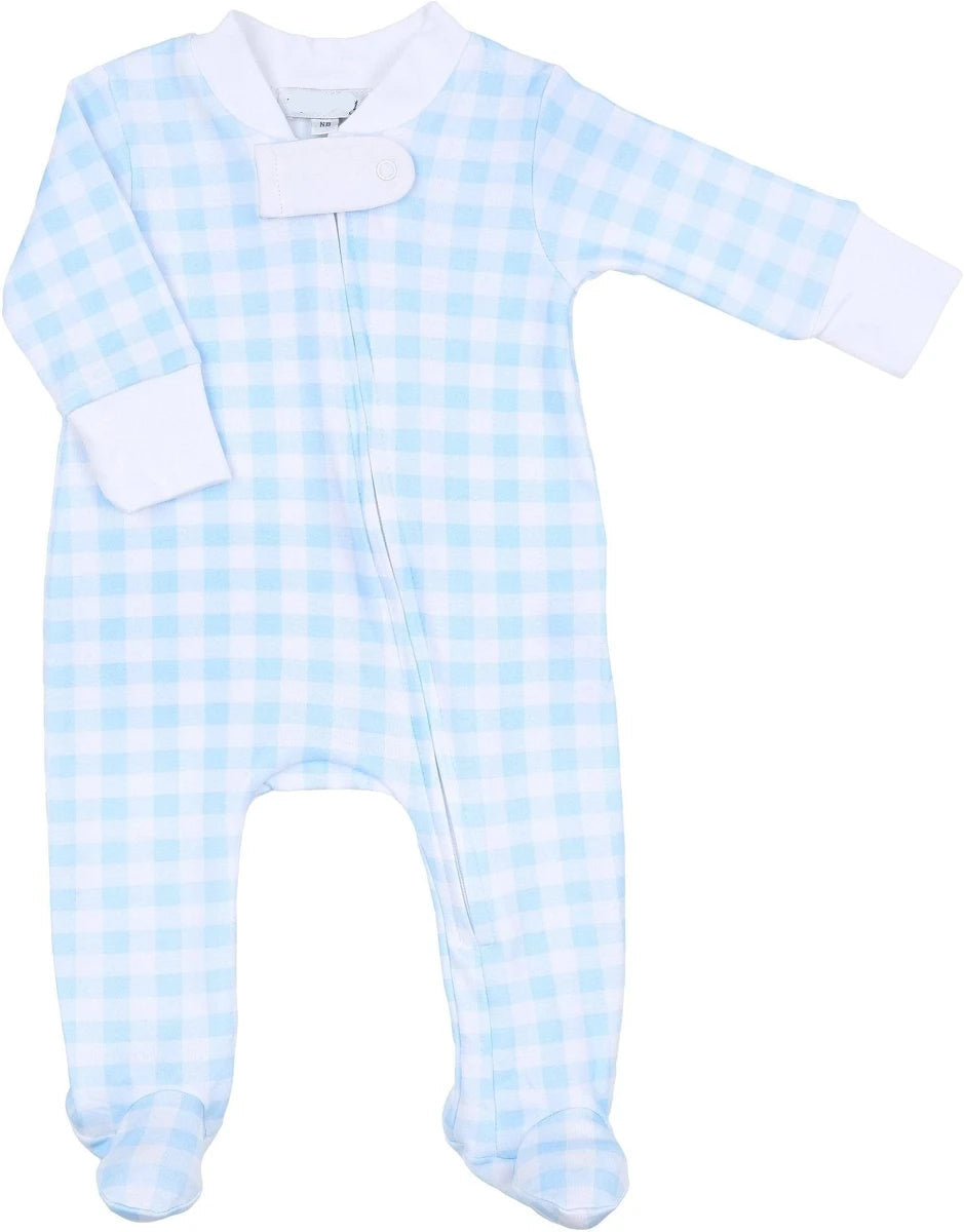 A baby footed sleeper in a light blue and white gingham check pattern, featuring long sleeves, a snap closure down the front, and white cuffs.