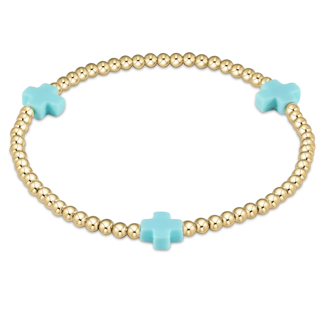 SIGNATURE CROSS GOLD PATTERN 3MM BEAD BRACELET - TURQUOISE