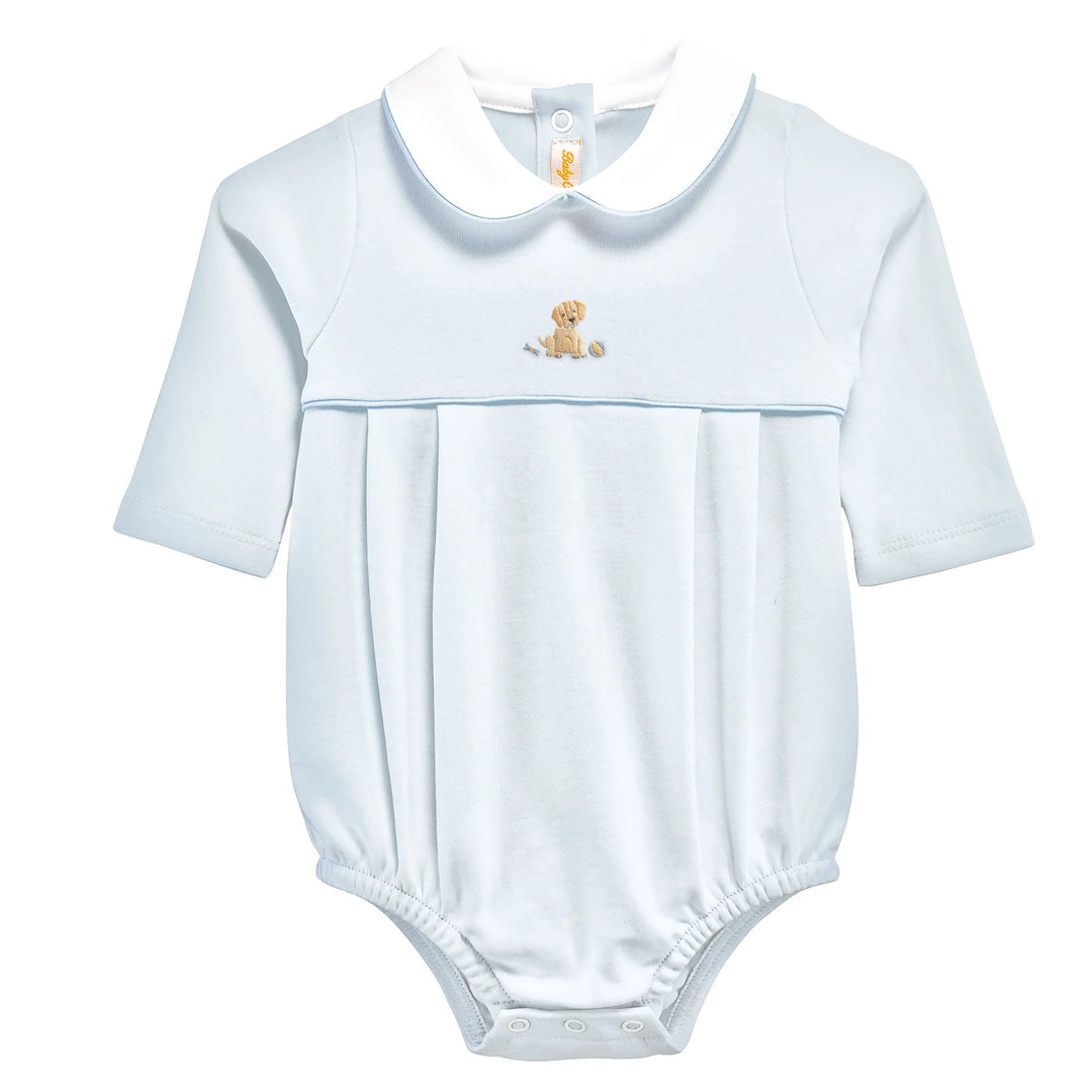 long sleeve light blue bubble with white rounded collar and puppy dog embroidery