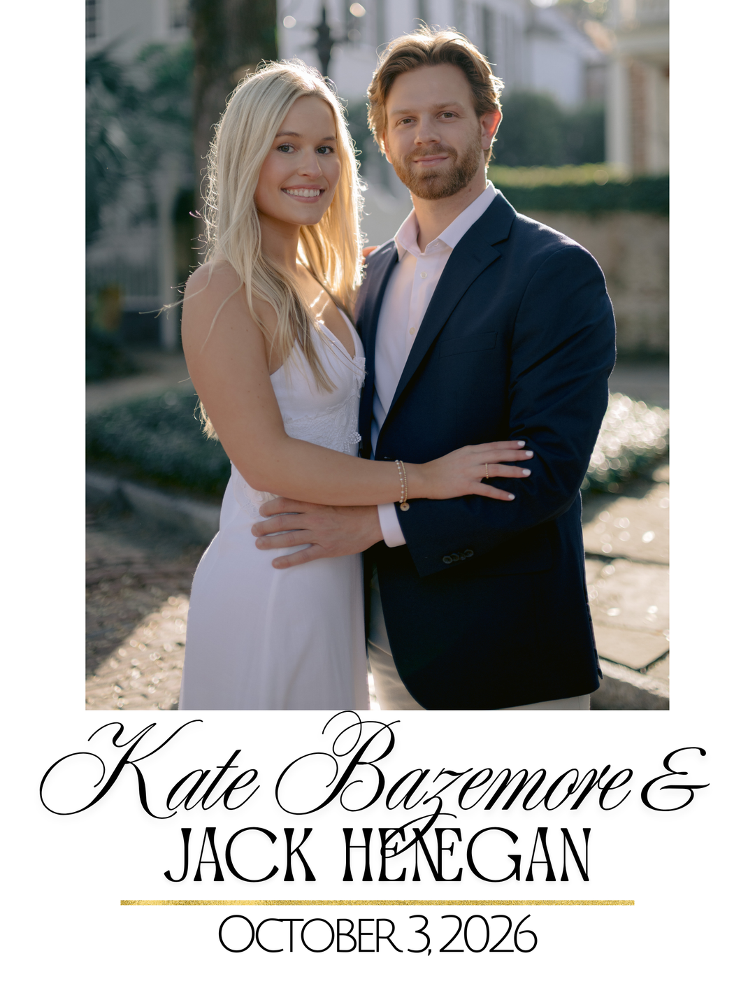 Man and woman in formal attire standing together with text overlay for a wedding date.