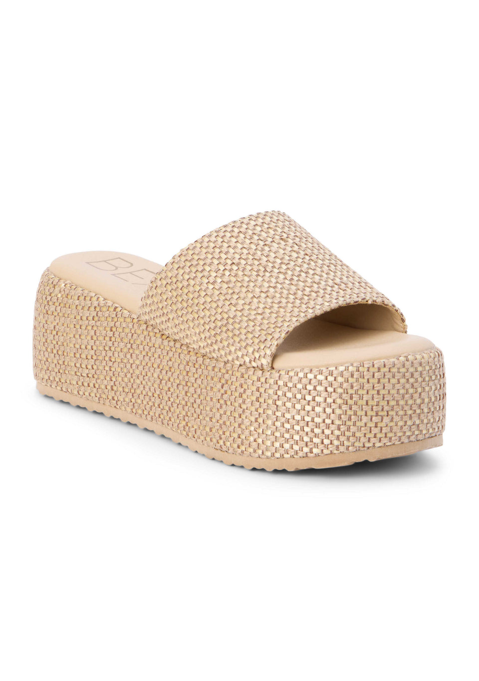 Natural raffia-style woven upper
Fully wrapped woven platform sole