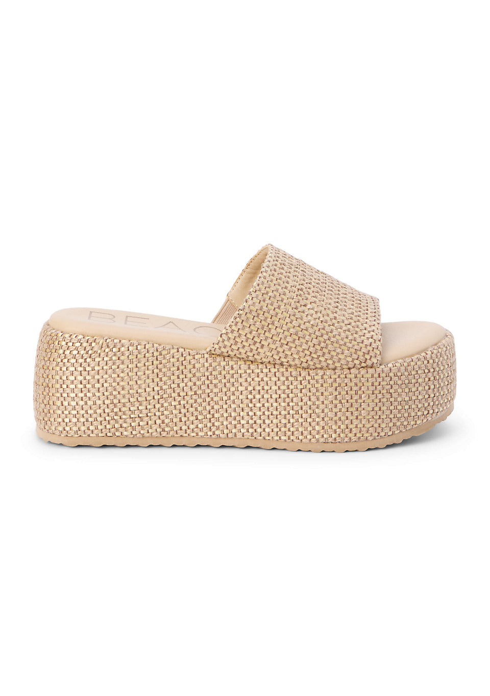 Natural raffia-style woven upper
Fully wrapped woven platform sole