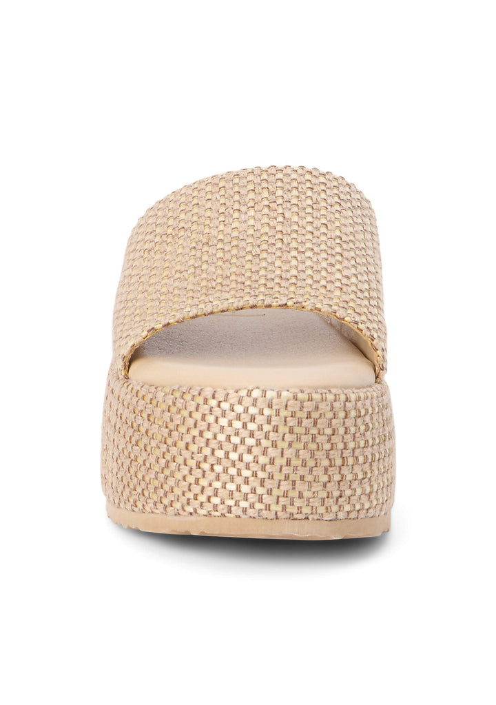 Natural raffia-style woven upper
Fully wrapped woven platform sole