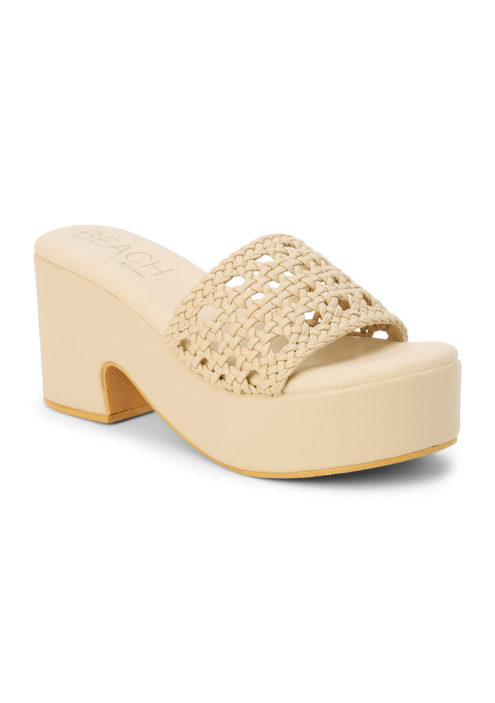 Cream woven upper with textured detail
Platform wedge heel for comfortable height