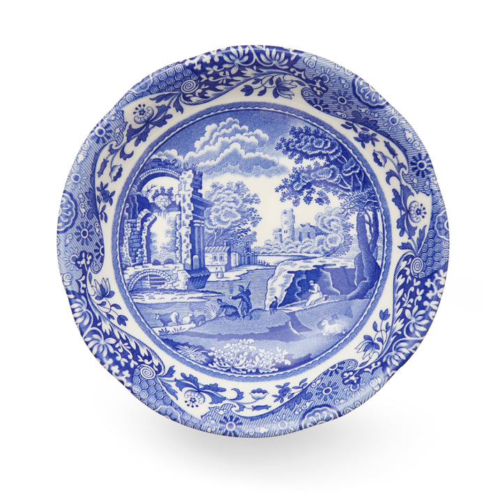 Decorative plate with blue and white scenic design on a white background