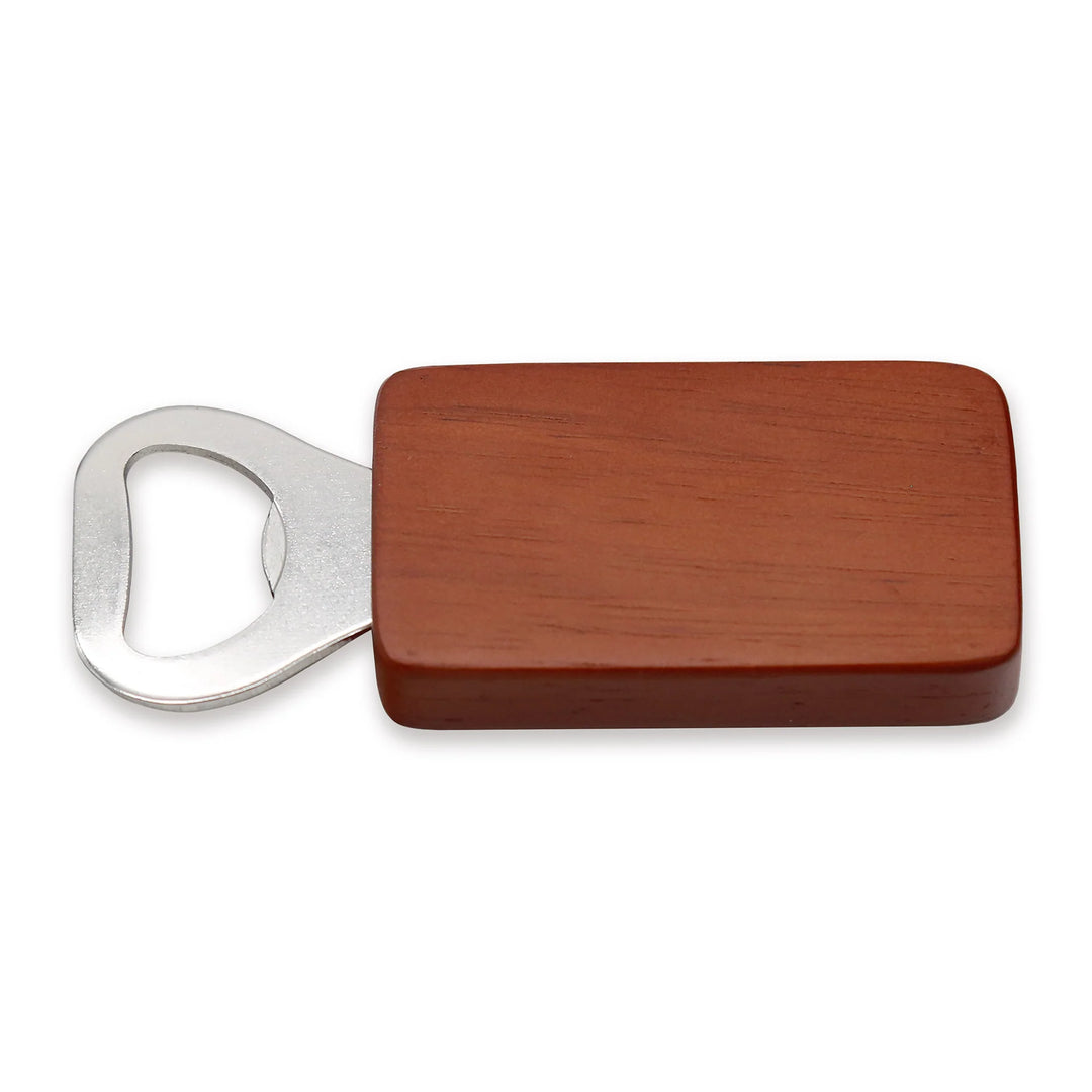 Wooden bottle opener with metal bottle opener on a white background