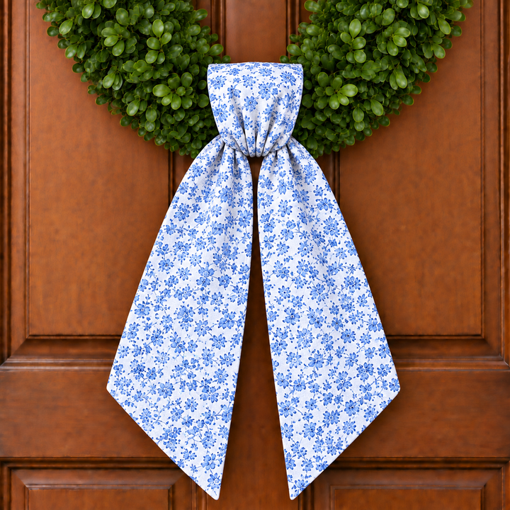 CUSTOM MONOGRAM BLUE ON WHITE FLORAL WREATH SASH