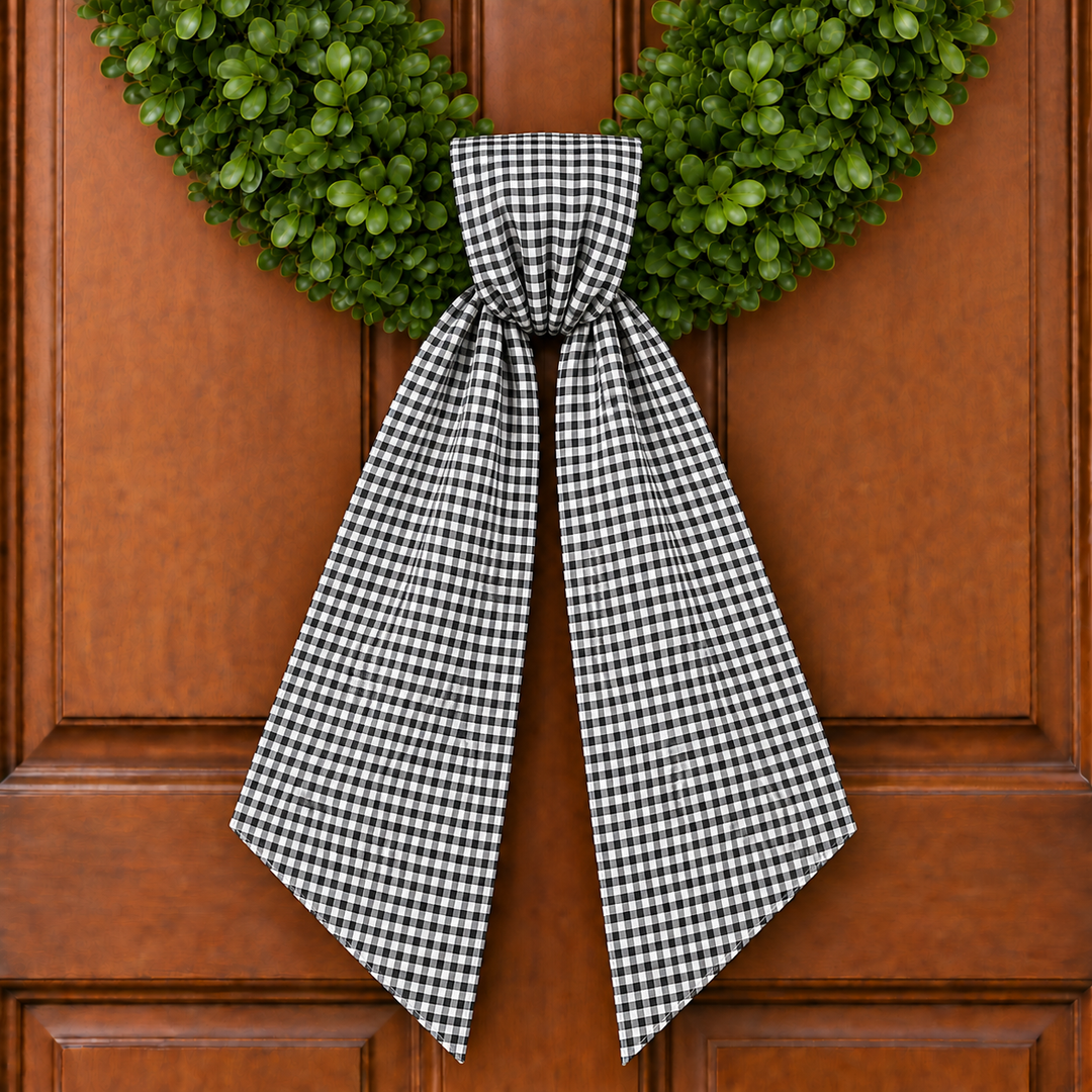 CUSTOM MONOGRAM BLACK 1/8-INCH GINGHAM WREATH SASH