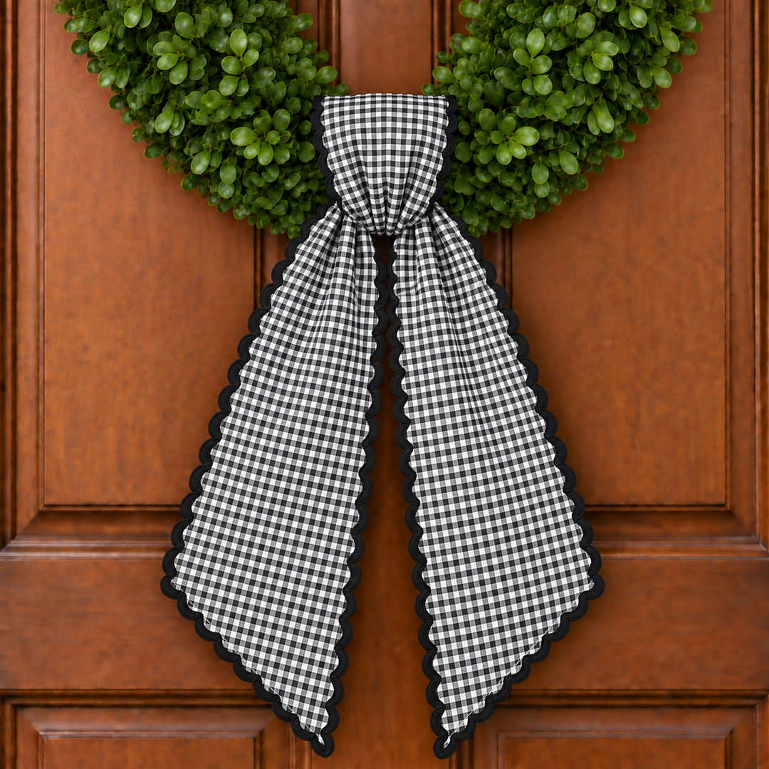 CUSTOM MONOGRAM BLACK GINGHAM RIC RAC TRIM WREATH SASH
