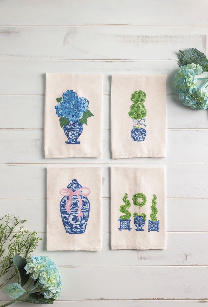 FOUR HAND PAINTED CHINOISERIE HAND TOWELS ON WOODEN BACKGROUND
