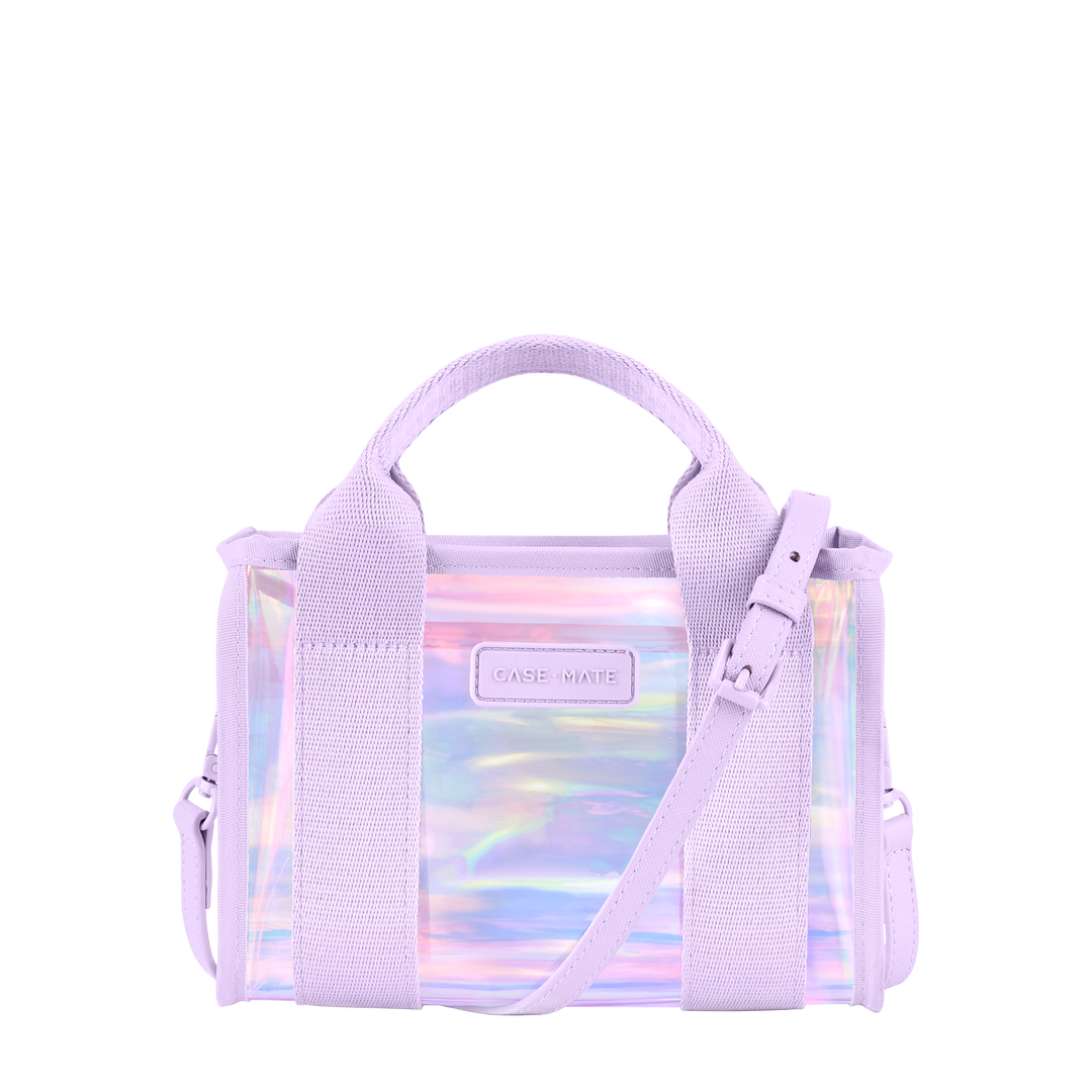clear lavender stadium bag with iridescent soap bubble finish on transparent background