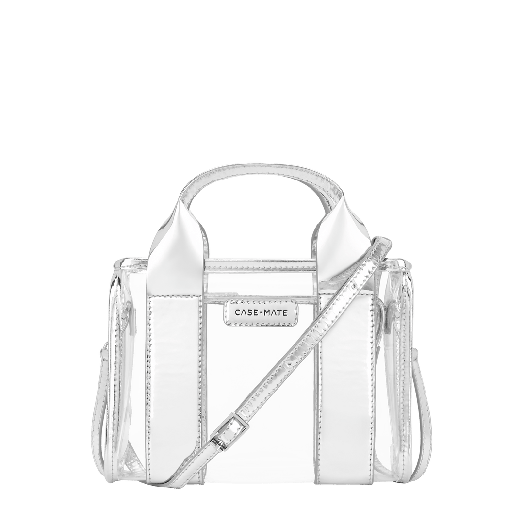 CLEAR STADIUM TOTE WITH SILVER TRIM AND STRAP