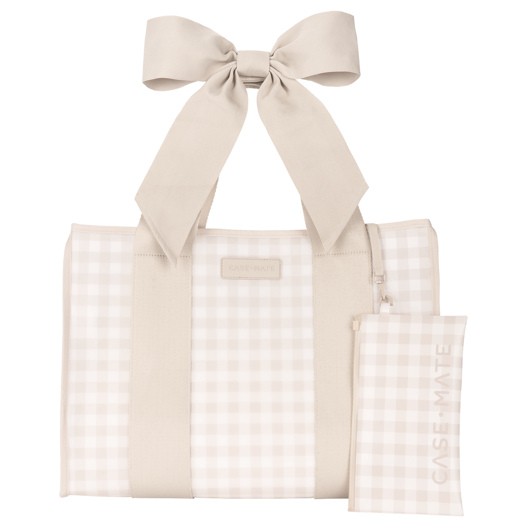 JELLY TOTE WITH TAN GINGHAM PRINT WITH TAN BOW STRAP ON TRANSPARENT BACKGROUND