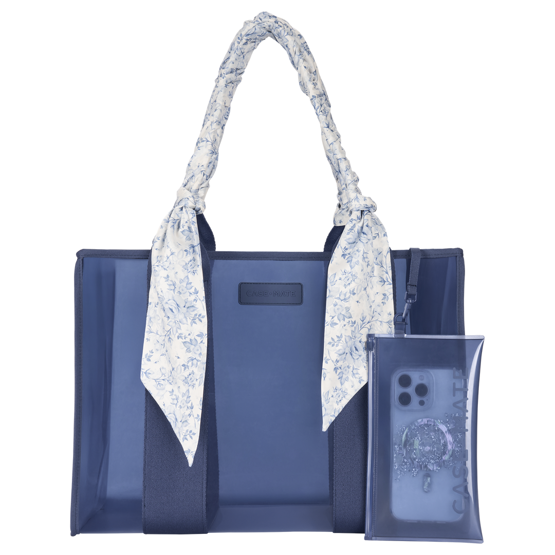 NAVY JELLY TOTE WITH MATCHING PHONE CASE POUCH WIT FLORAL NAVY TWILLY STRAP