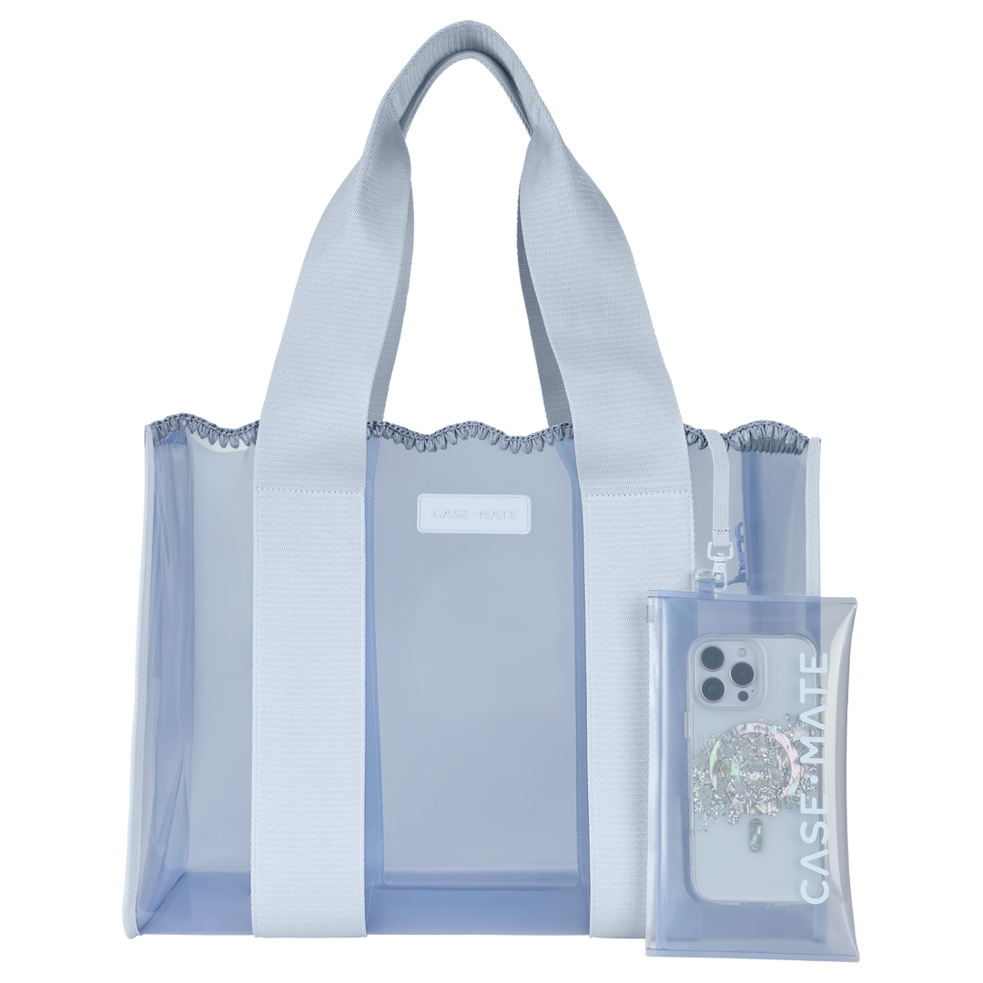 LIGHT BLUE JELLY TOTE WITH SCALLOP TOP EDGE AND MATCHING PHONE CASE POUCH ON TRANSPARENT BACKGROUND