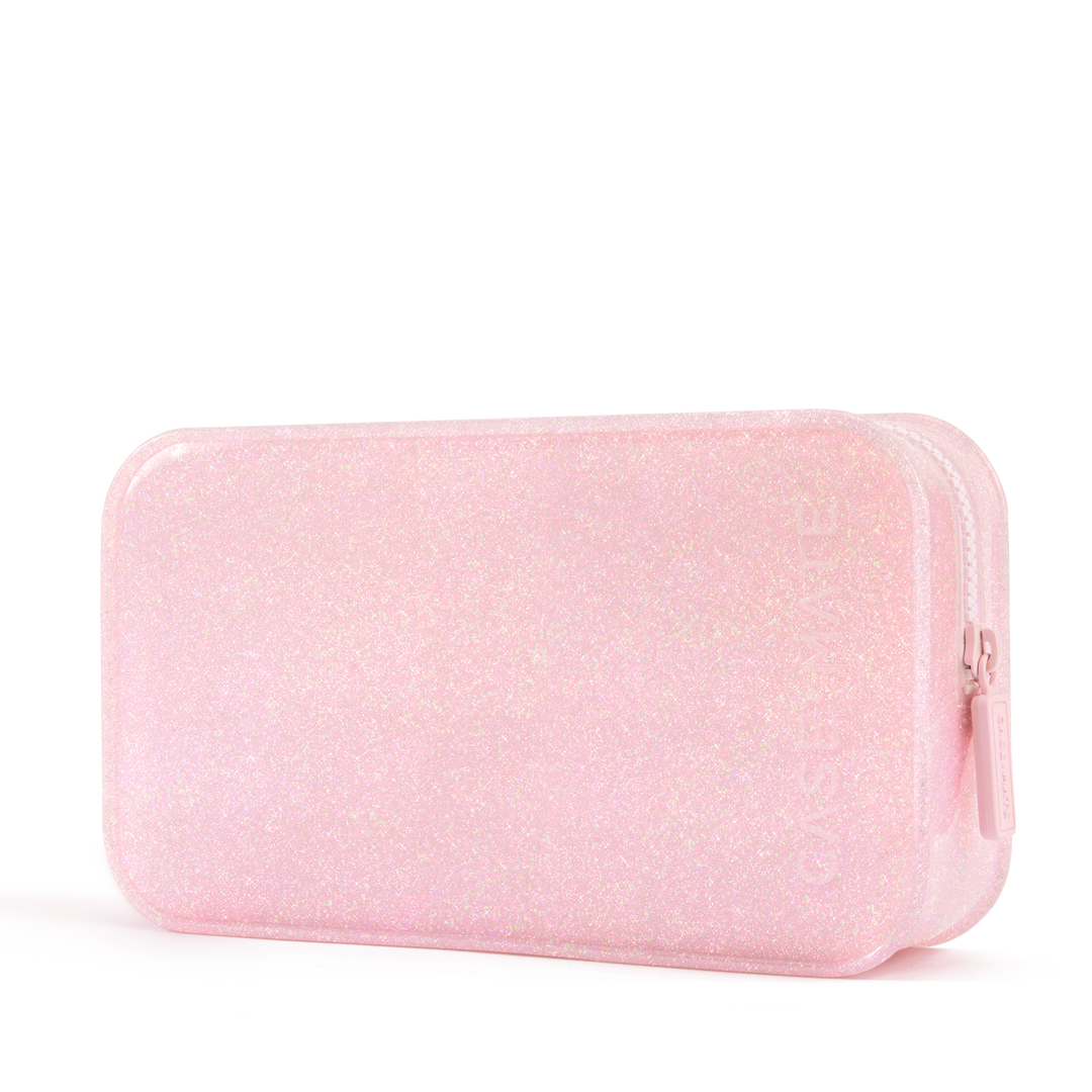 BALLET PINK JELLY MAKEUP BAG WITH GLITTER ON TRANSPARENT BACKGROUND