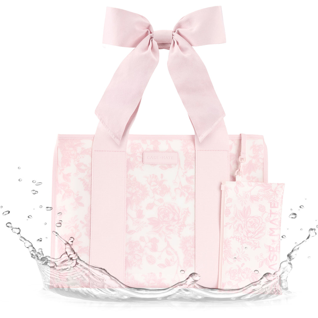LIGHT PINK FLORAL JELLY TOTE WITH PINK CANVAS STRAP WITH BOW AND MATCHING INTERIOR POUCH