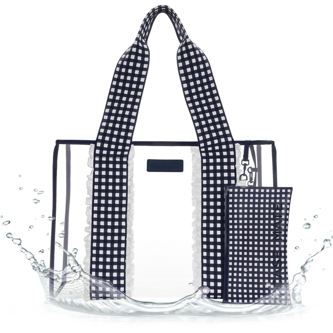 CLEAR JELLY TOTE WITH with navy eyelet gingham pattern on straps and matching interior pouch