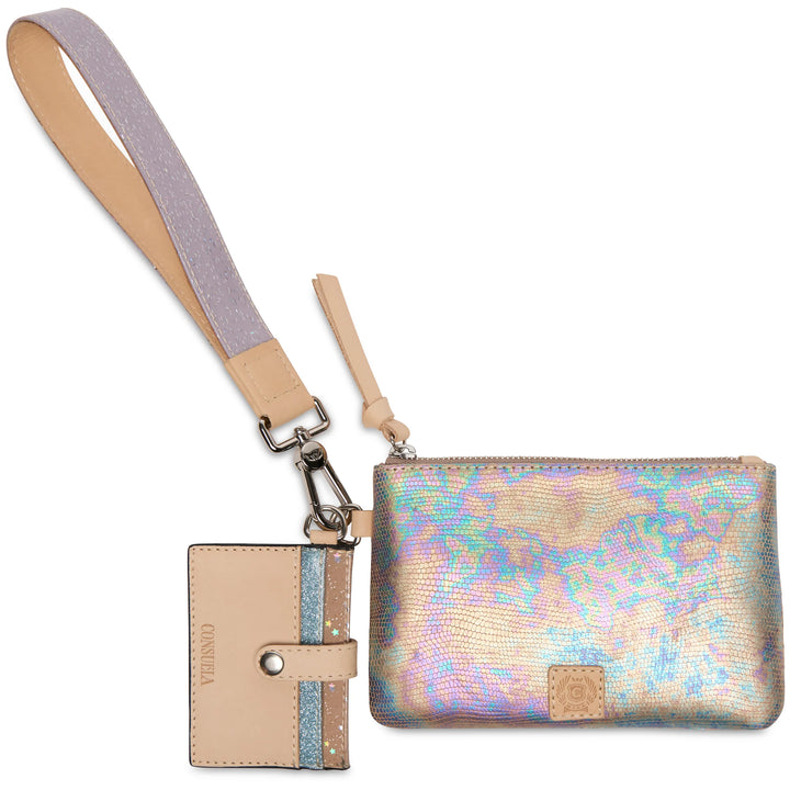 Multicolored iridescent wallet with beige strap and matching cardholder on a white background