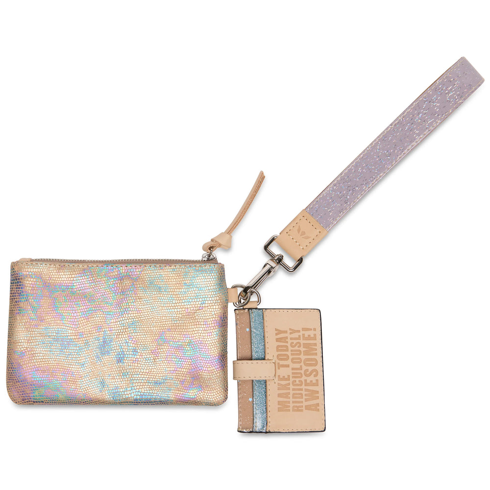 Multicolored glittery pouch with a strap and matching cardholder on a white background