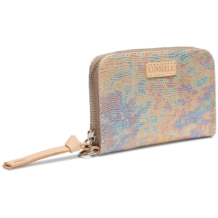 Patterned wallet with a visible brand logo on a white background