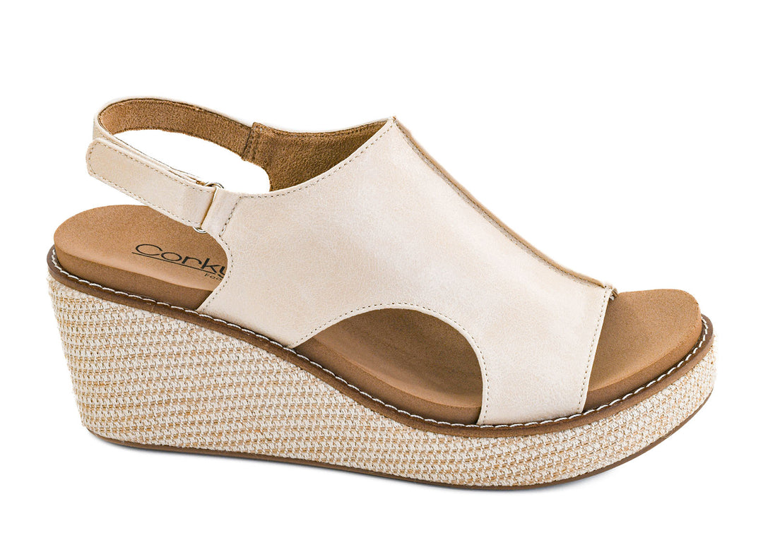 Ecru platform wedge sandals with slingback strap, cutout upper, and woven espadrille-style wedge sole | Walker Boutique