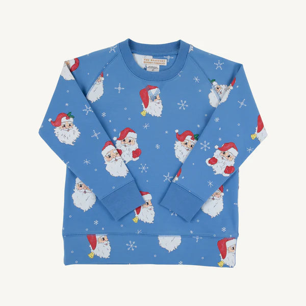 Blue children's sweater with Santa Claus pattern on a white background