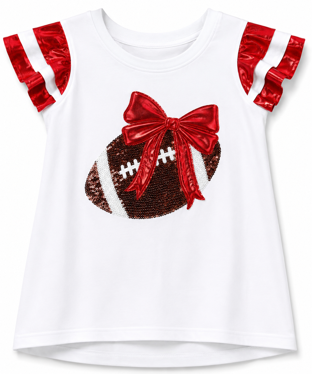 SEQUIN RED FOOTBALL APPLIQUE TOP WITH SHIMMER RUFFLE SLEEVES