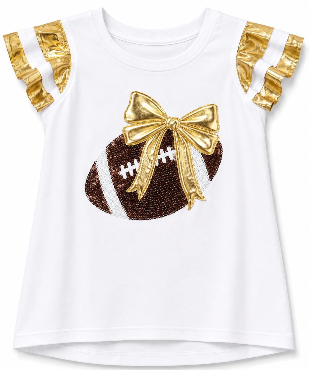 White top with gold shoulder straps and a decorative football and bow design.
