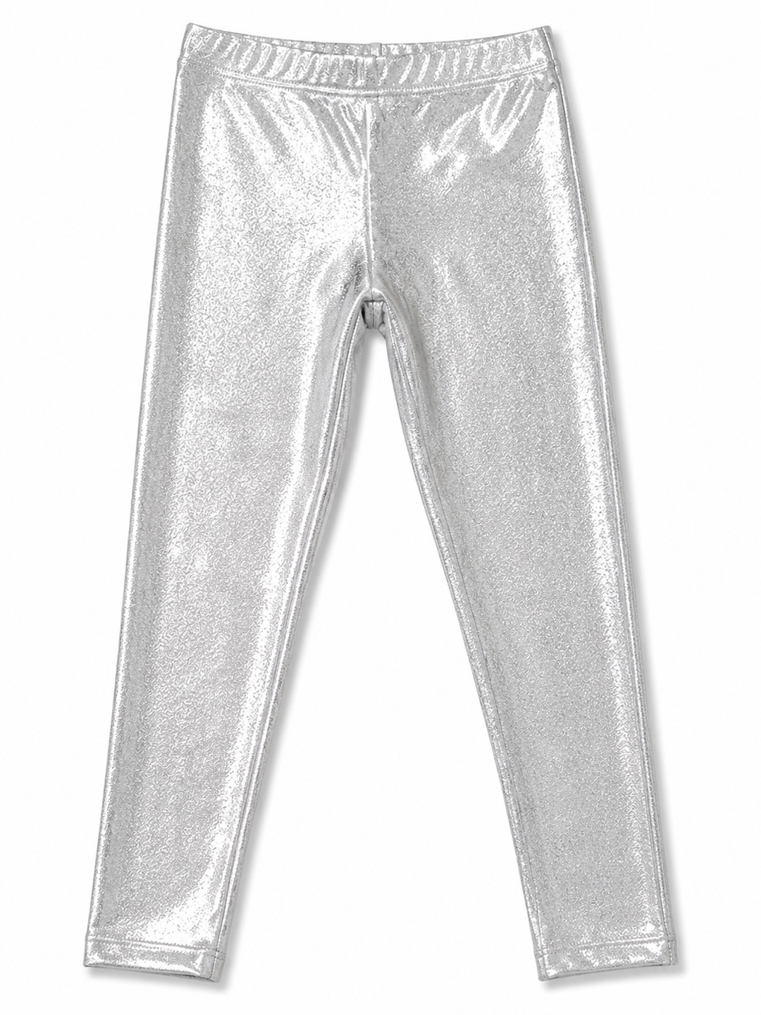 silver metallic children's leggings on a white background