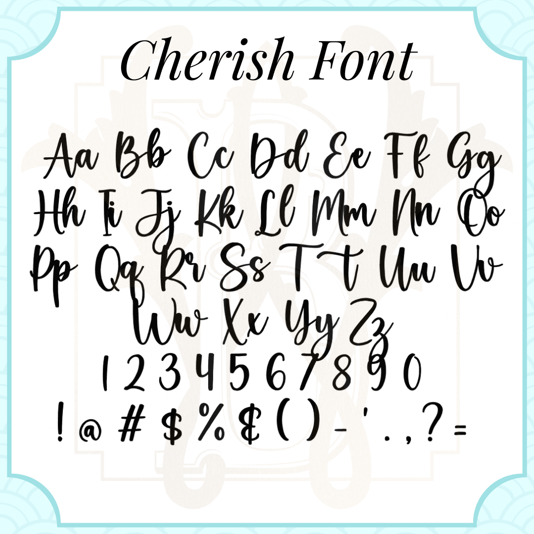 Cherish Font with handwritten-style letters and numbers on a light background