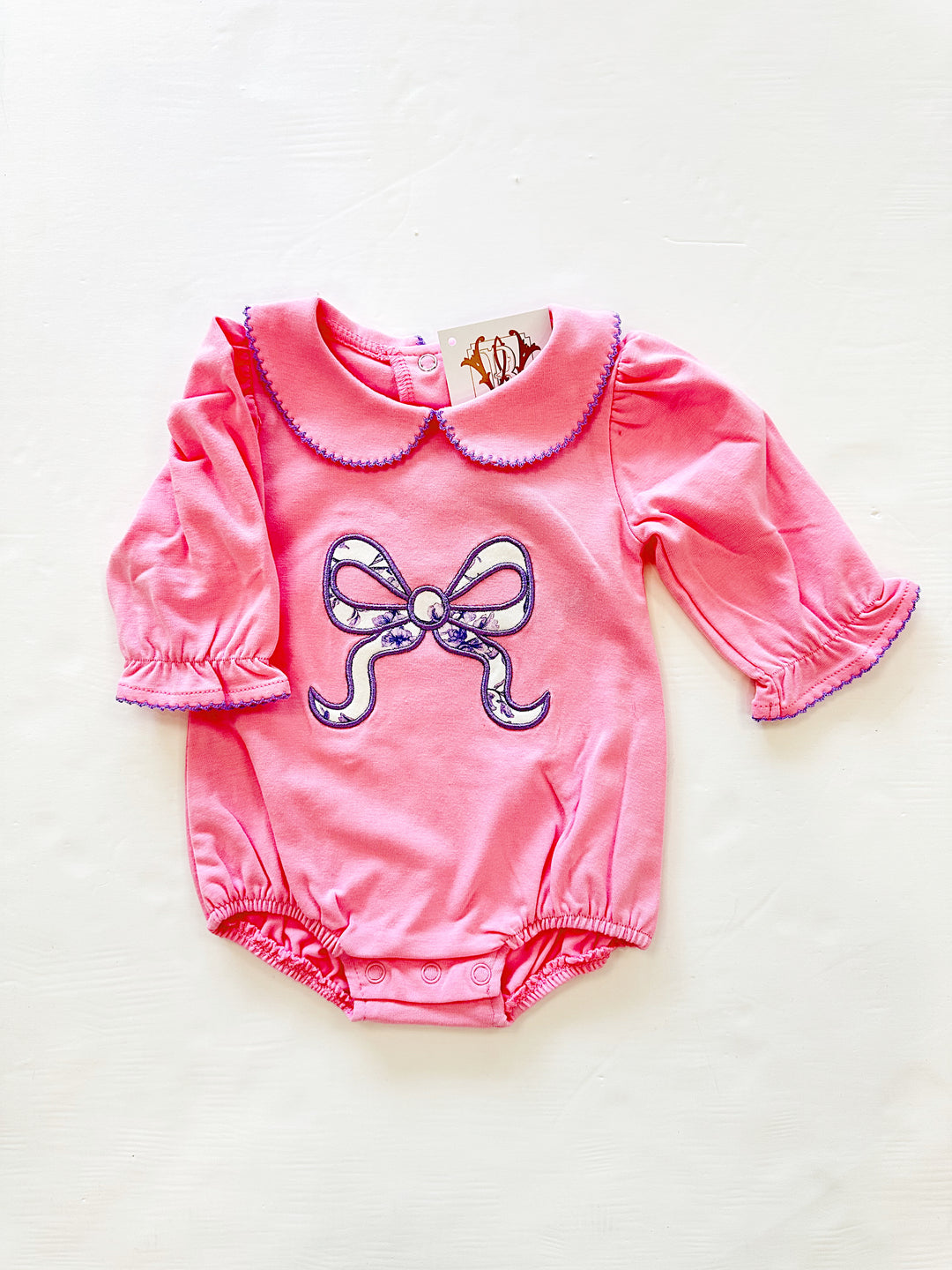 Floral Bow Applique Long Sleeve Bubble – Baby Girl Outfit with Bow and Floral Design | Walker Boutique