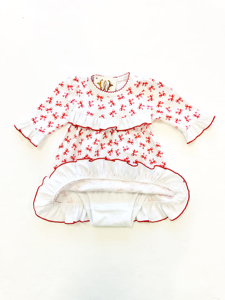 Red Scarlett Bows Ruffle Dress Set – Classic Baby Girl Holiday Outfit with Bow Design | Walker Boutique