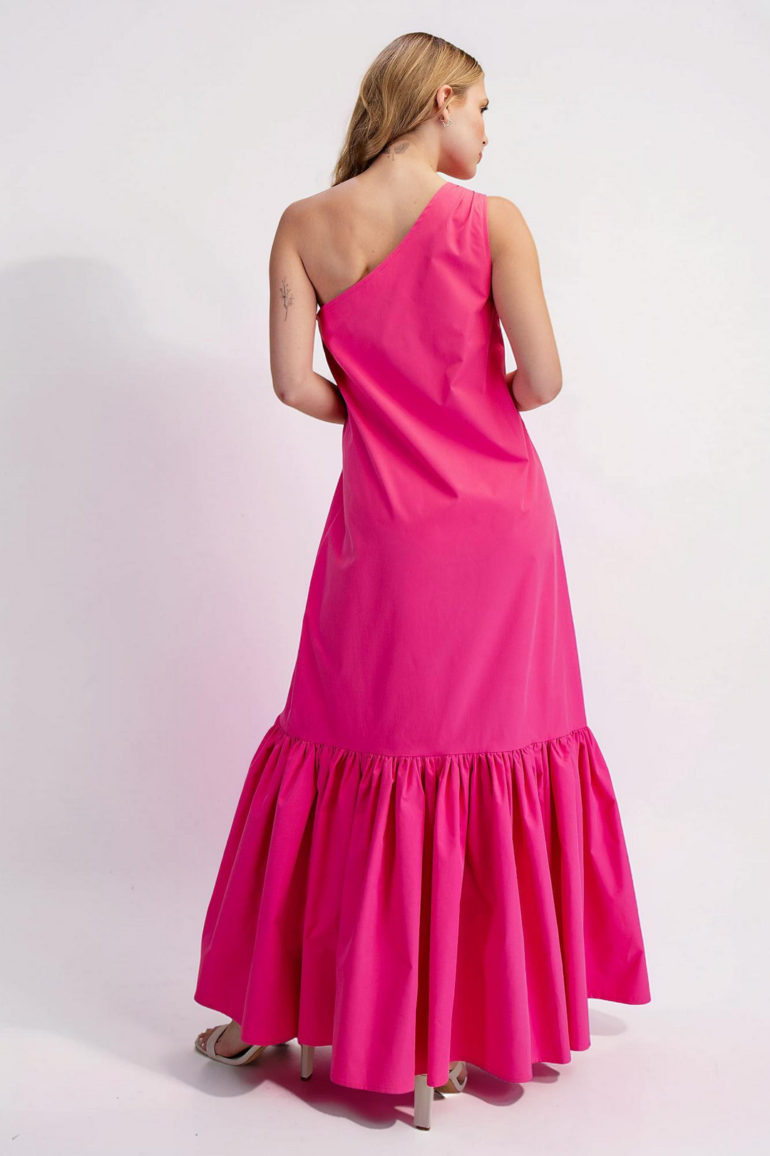 PINK ASYMMETRICAL ONE SHOULDER RUFFLED MAXI DRESS