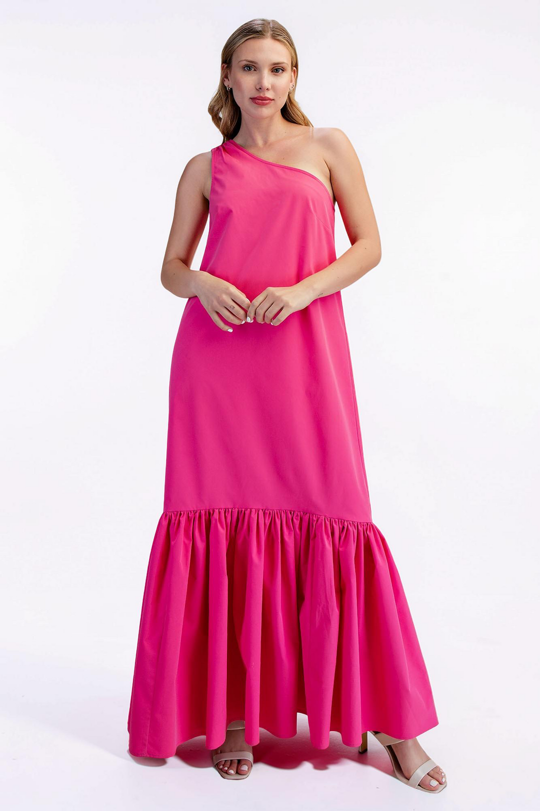PINK ASYMMETRICAL ONE SHOULDER RUFFLED MAXI DRESS