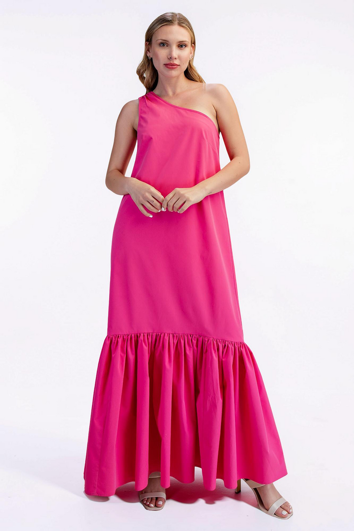PINK ASYMMETRICAL ONE SHOULDER RUFFLED MAXI DRESS