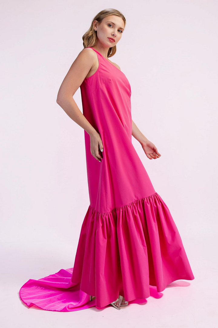 PINK ASYMMETRICAL ONE SHOULDER RUFFLED MAXI DRESS