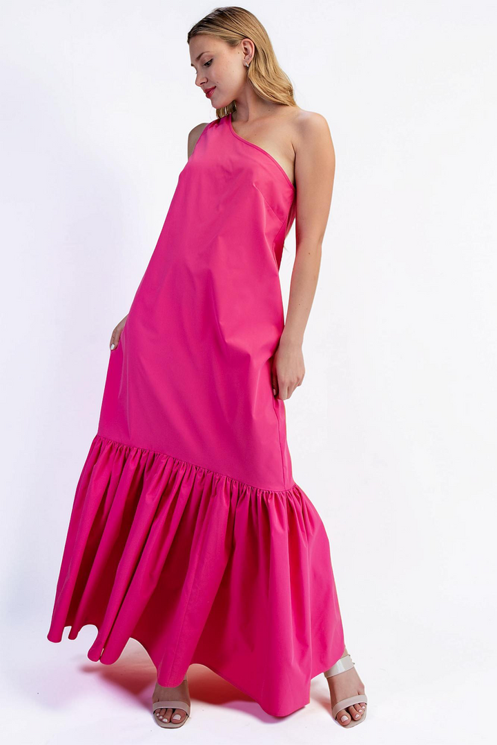 PINK ASYMMETRICAL ONE SHOULDER RUFFLED MAXI DRESS