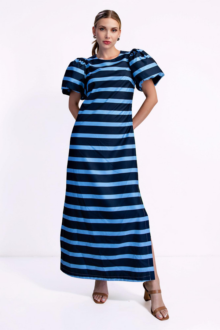 NAVY & BLUE STRIPE PUFF SLEEVE A-LINE MAXI DRESS