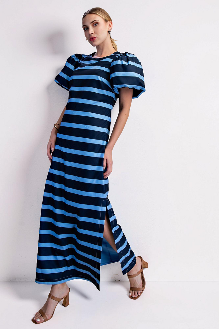NAVY & BLUE STRIPE PUFF SLEEVE A-LINE MAXI DRESS