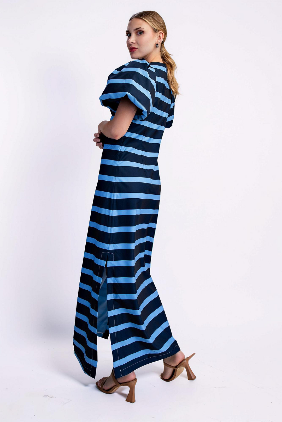 NAVY & BLUE STRIPE PUFF SLEEVE A-LINE MAXI DRESS