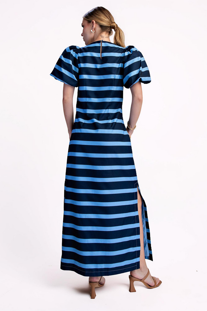 NAVY & BLUE STRIPE PUFF SLEEVE A-LINE MAXI DRESS