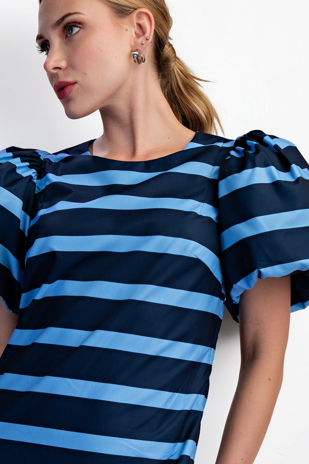 NAVY & BLUE STRIPE PUFF SLEEVE A-LINE MAXI DRESS