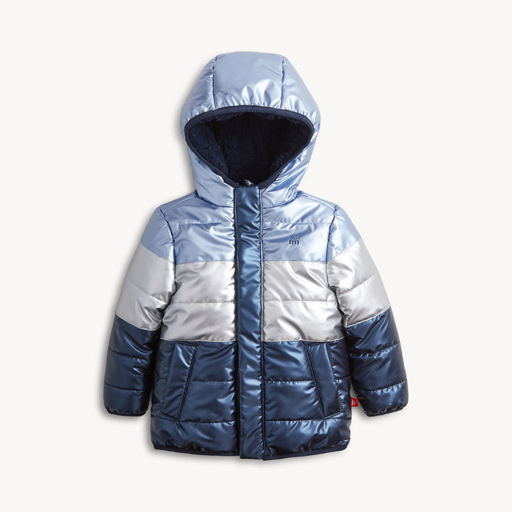 BLUE COLORBLOCK METALLIC PUFFER JACKET