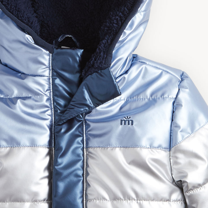 BLUE COLORBLOCK METALLIC PUFFER JACKET