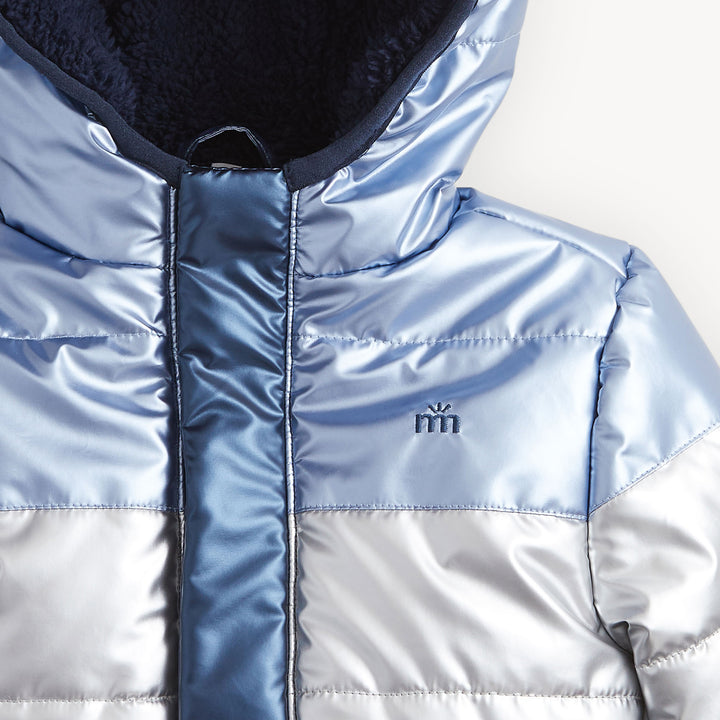 BLUE COLORBLOCK METALLIC PUFFER JACKET